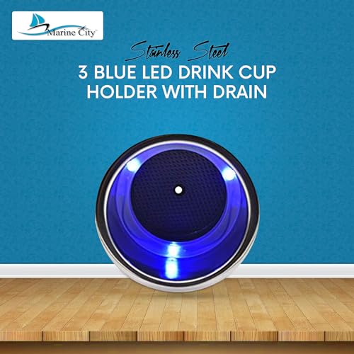 MARINE CITY Stainless Steel Drink Cup Holder with Drain | 3 Blue LED Lights 12V, 1W | Perfect for Boats, Poker Tables, Countertops, Dashboards, Backseats - Pack of 8