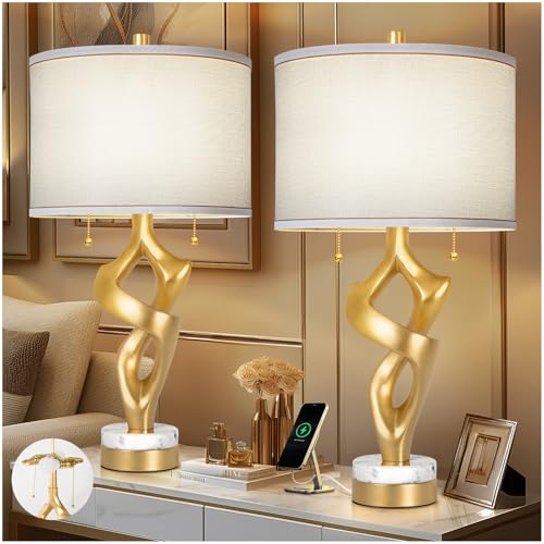 Scenekoy Sculptural Table lamp Set of 2 for Living Room with Marble Base & USB Ports, Gold Leaf Finish Rustic Bedside Lamps with S Cluster Pull Chains Switch, Nightstand Lamp for Office Hotel Bar