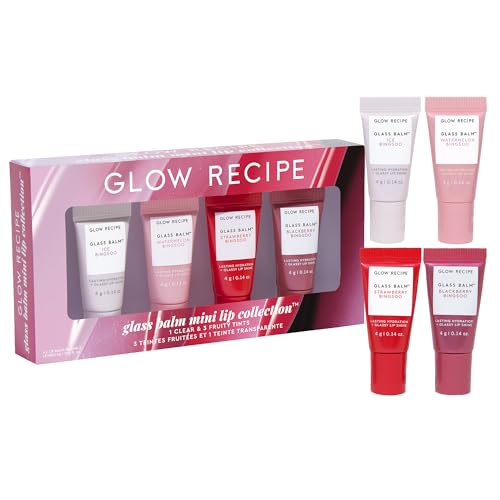 Glow Recipe Mini Glass Balm Lip Treatment Gift Set Collection - Travel Size Set of 4 Hydrating Vegan Lip Balms with Hyaluronic Acid & High-Shine Finish