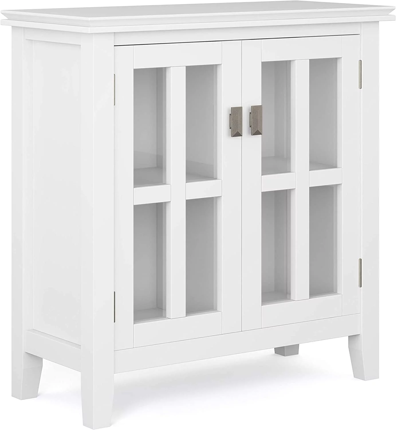 FJU Artisan SOLID WOOD 30 inch Wide Low Storage Cabinet in White, with 2 Tempered Glass Doors, 2 Adjustable Shelves