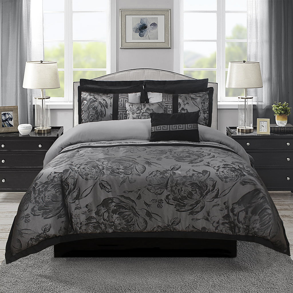 Unique Home 8 Piece Tang Clearence Jacquard Fabric Patchwork Comforter Set Queen Size (Gray)