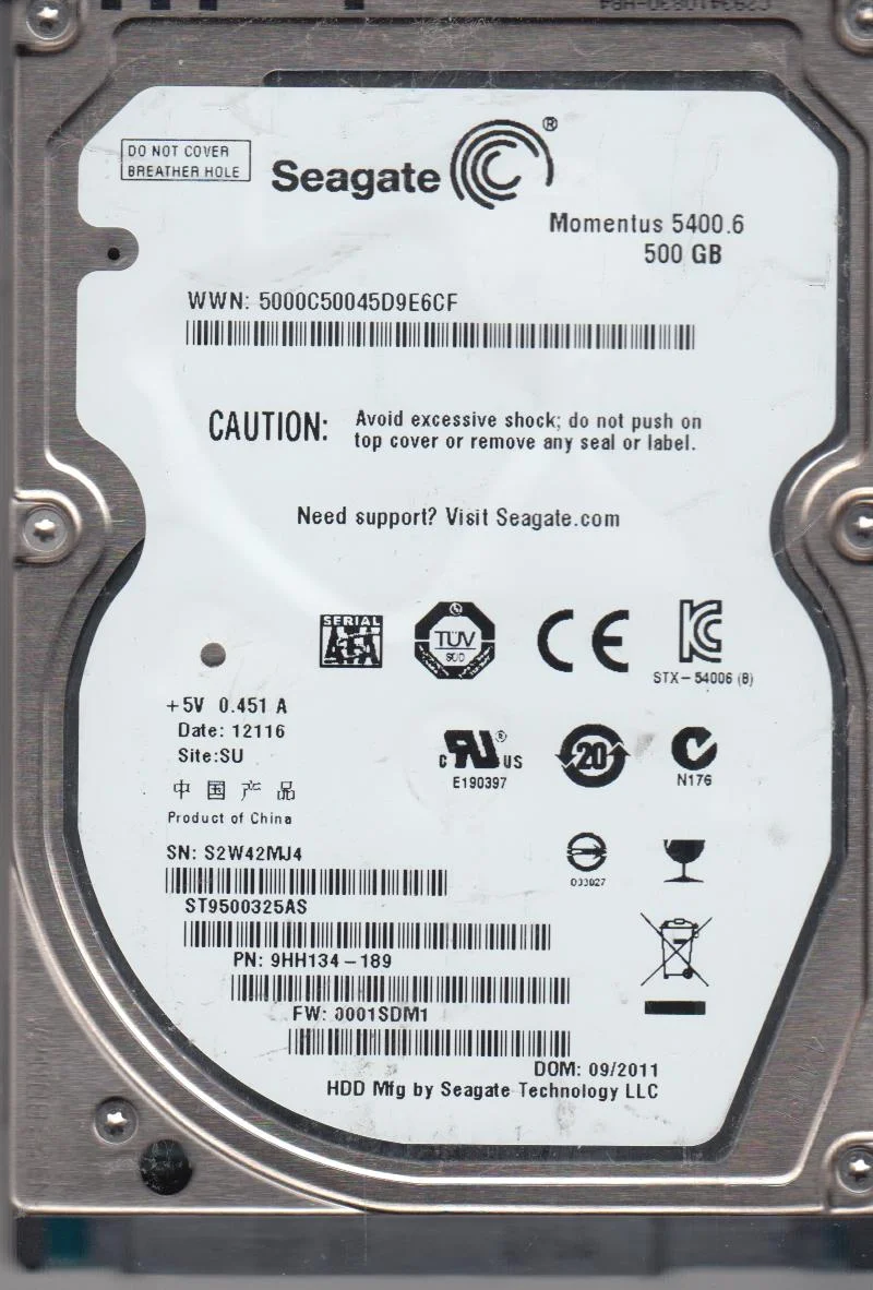ST9500325AS, S2W, SU, PN 9HH134-189, FW 0001SDM1, Seagate 500GB SATA 2.5 Hard Drive