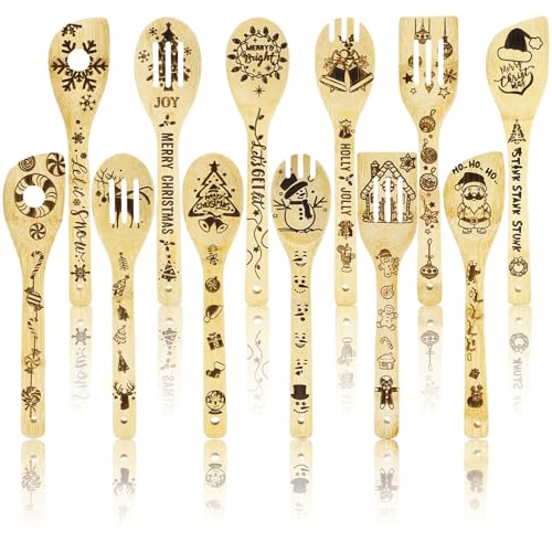 Whaline 12Pcs Christmas Wooden Spoons Set Santa Snowman Tree Wooden Spoons Xmas Natural Burned Cooking Utensil Spoon for Xmas Party Decoration Home Kitchen Supplies