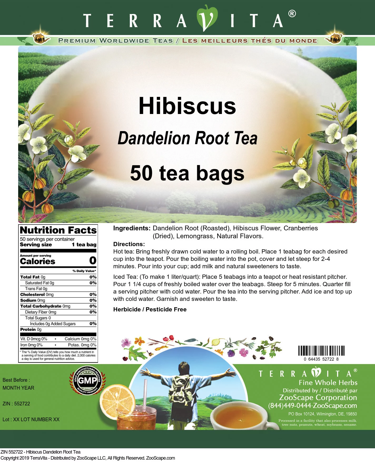 TerraVita Hibiscus Dandelion Root Tea, (Hibiscus, Dandelion Root Tea Bags, 50 Tea Bags, 1-Pack, Zin: 552722)
