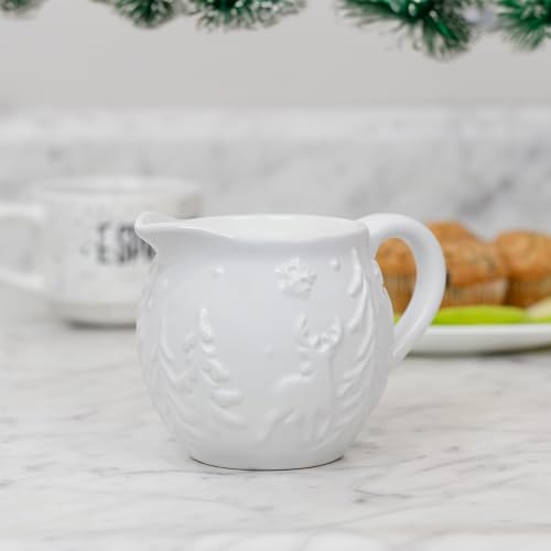 AuldHome Design Reindeer Christmas Tree Platter; Ceramic Embossed White Serving Tray