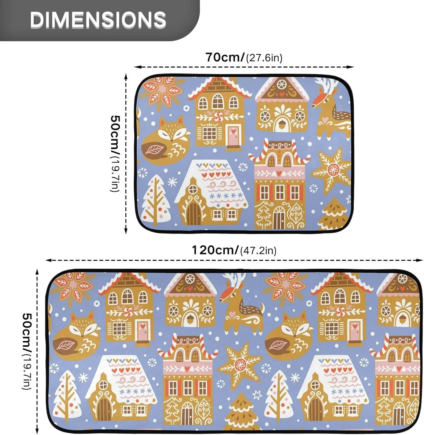 Bestwell Christmas Cookies Houses Kitchen Mats Set of 2, Xmas Gingerbread Anti Fatigue Floor Runner Rug Non Slip Comfort Mat for Living Room Laundry Room Hallway