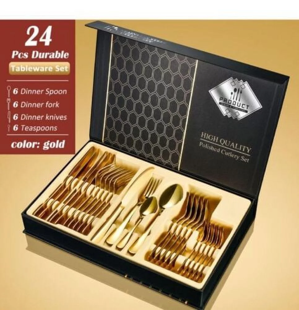 Yazoo Cutlery Gold Silverware Cutlery Set, 24-Piece Stainless Steel Gold Flatware Set, Kitchen Utensils Knife Fork Spoon Dinnerware Tableware Kit Mirror Finish, Smooth Edge,boxes are slightly damaged