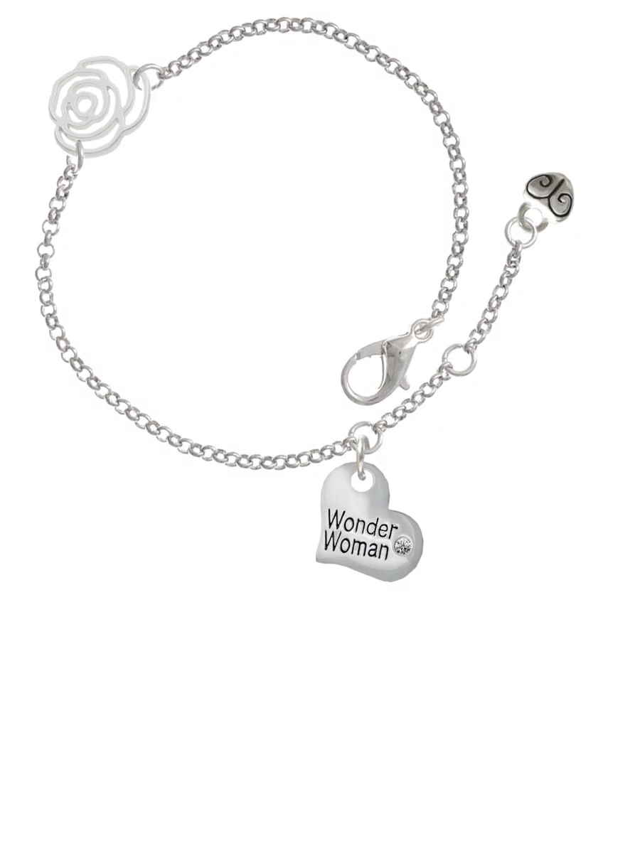 Delight Jewelry Silvertone Small Wonder Woman Heart Silver-tone Rose Link Chain Bracelet, 6.25"+1.75" Extender