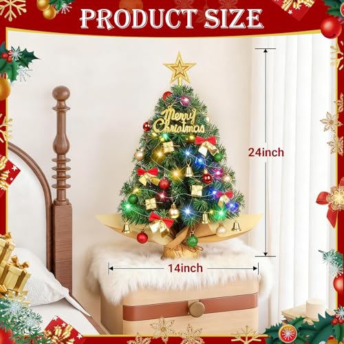 24 Inch Table Top Mini Christmas Tree Set, Christmas Table Decor with Warm-White LED Lights, Star Topper, Gift Boxes Ornaments & Hanging Ornaments, Small Christmas Tree with Lights
