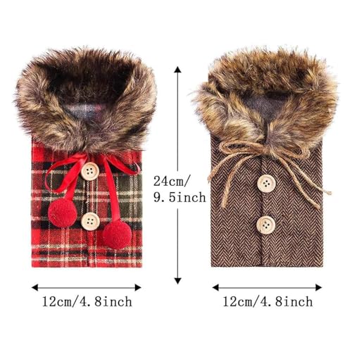 EYUZXDA 4Pcs Christmas Sweater Wine Bottle Cover Linen Plaid Wine Bottle Dress With Faux Fur Collar And Button Coat Design For Christmas Party Decorations