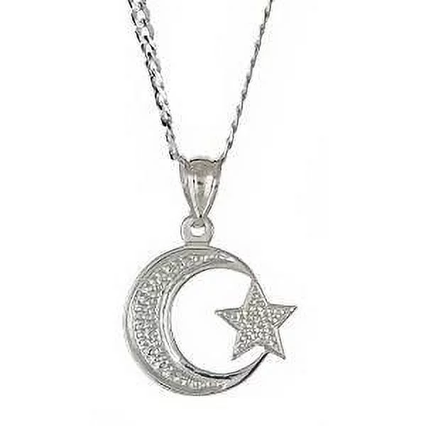 Sterling Silver .925  Muslim / Islam Crescent Moon + Star Pendant w. Cuban Chain