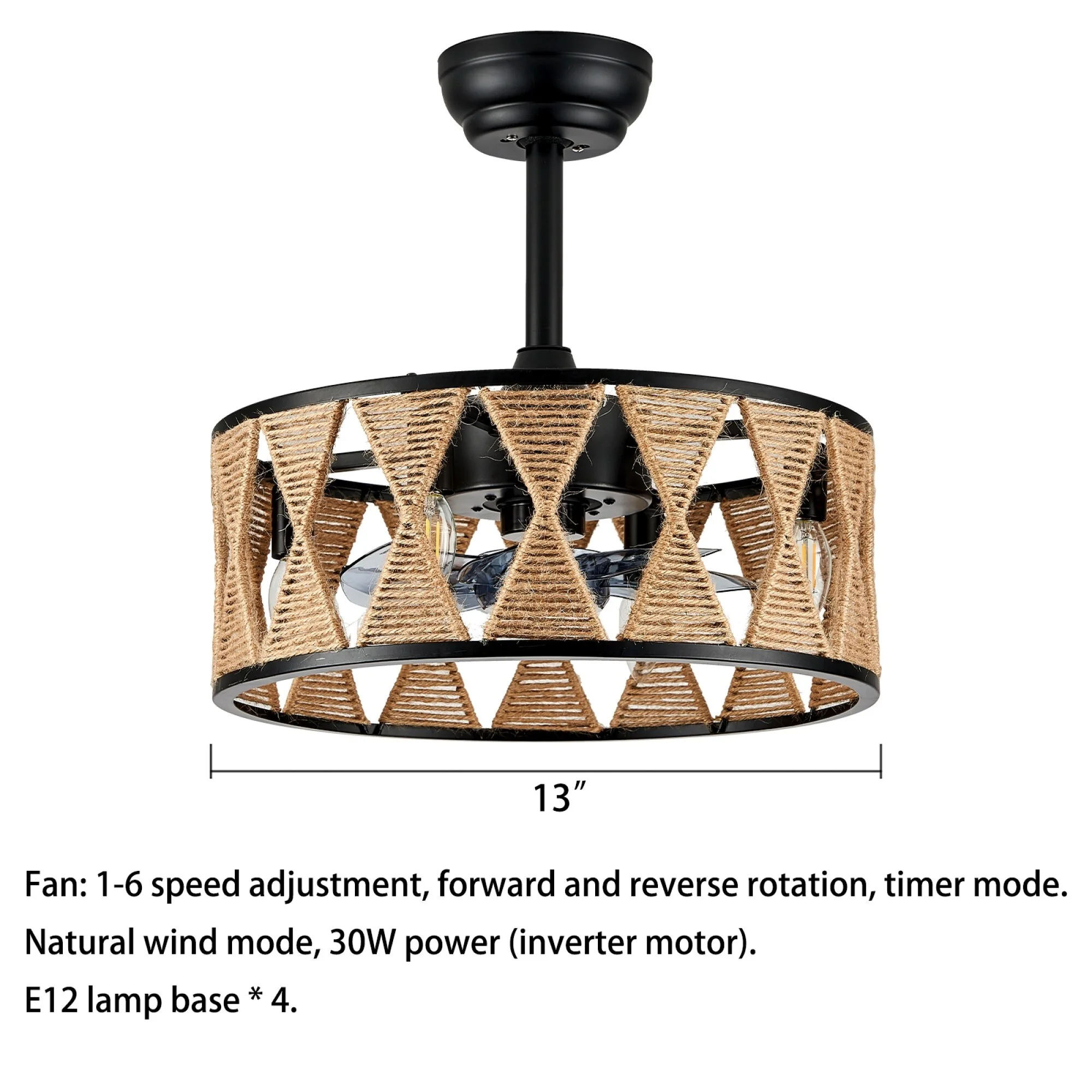 C296868-HYF6666 KAYLA 17.71'' Rustic Caged Ceiling Fans with Lights and Remote, Ceiling Fan with Light for Bedroom, Kitchen Island E12 x4