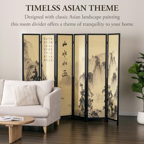 MyGift 4-Panel Folding Bamboo Room Divider Asian-Inspired Cherry Blossom Scene, 6 FT Freestanding Floral Artwork Room Partitioner with Beige Wood Frame
