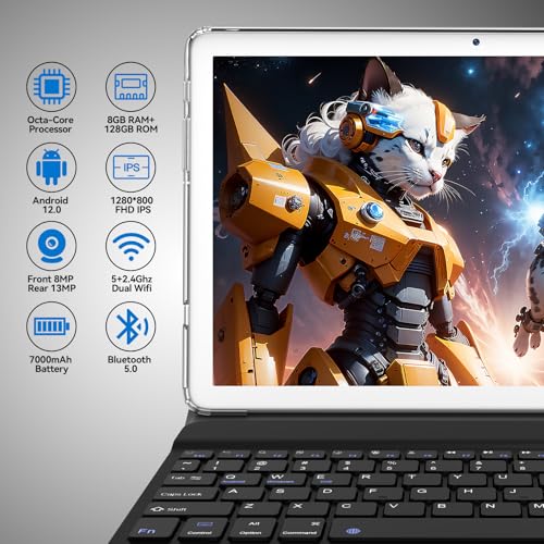 2 in 1 Tablet with Keyboard, 2025 Latest Tablets Android 4+4+128GB ROM, 10 Inch Tablet with Octa-Core Chip Support 5+2.4Ghz WiFi, 7000mAh Battery, Bluetooth 5.0, GPS, HD Touch Screen-Silver