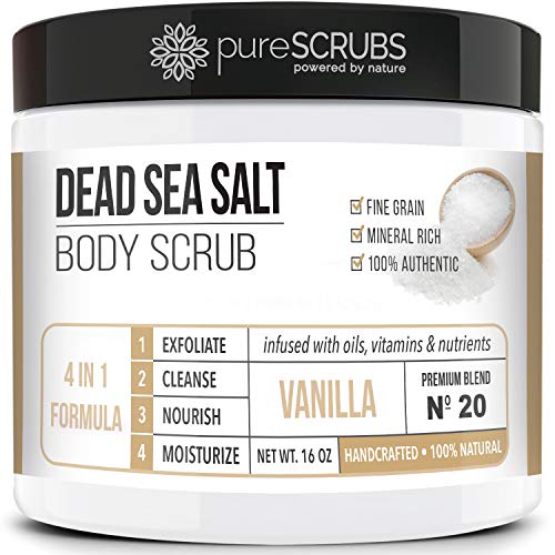 pureSCRUBS Premium Eucalyptus Body Scrub Set - Large 16oz Dead Sea Salt Body Scrub With Infused Essential Oils & Nutrients, Includes Wooden Spoon, Loofah & Oatmeal Exfoliating Bar Soap