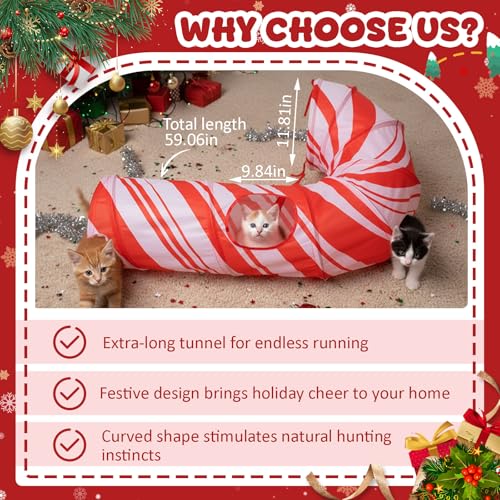 Aliceset Christmas Cat Tunnel Red Candy Cane Cat Toys Christmas Tree Kitty Tunnel Pet Xmas Interactive Safety Spring Steel Frame