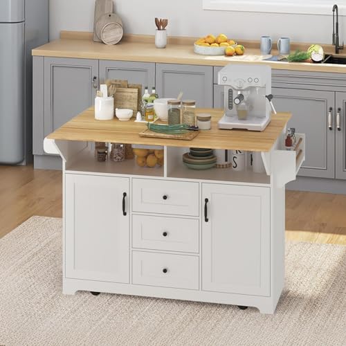 Farmhouse Kitchen Island with Drop Leaf & Power Outlet,55.5