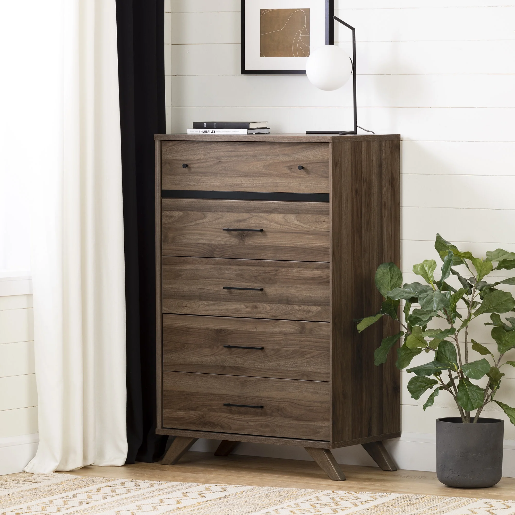 South Shore Flam Scandinavian 5-Drawers Dresser Natural Walnut and Matte Black