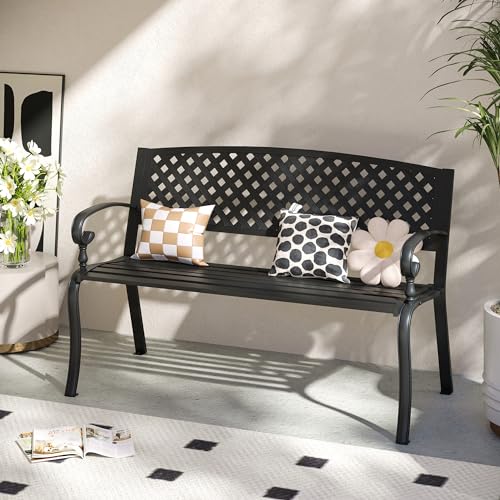 VICLLAX 50” Outdoor Garden Bench with Armrests and Backrest, Waterproof Patio Metal Bench for Park, Porch, Backyard, Round Pattern Back