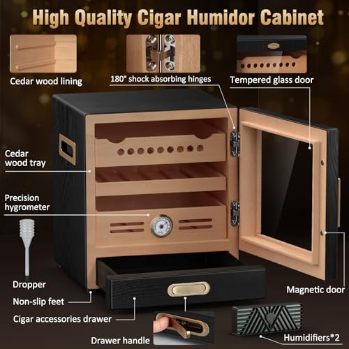 COOL KNIGHT Cigar Humidor Cabinet, Cigar Cabinet Humidor with Spanish Cedar Wood Drawer, Precision Hygrometer, 2 Humidifiers and Cigar Accessories Drawer, Christmas for Cigar Lovers