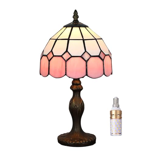 Tiffany-Style 8 Inch Table Lamp Mediterranean Series Stained Glass Lampshades Small Bedside Lamp Reading Antique Desk Light Livingroom Bedroom Office Vintage Art Deco Victorian(Color:Pink)