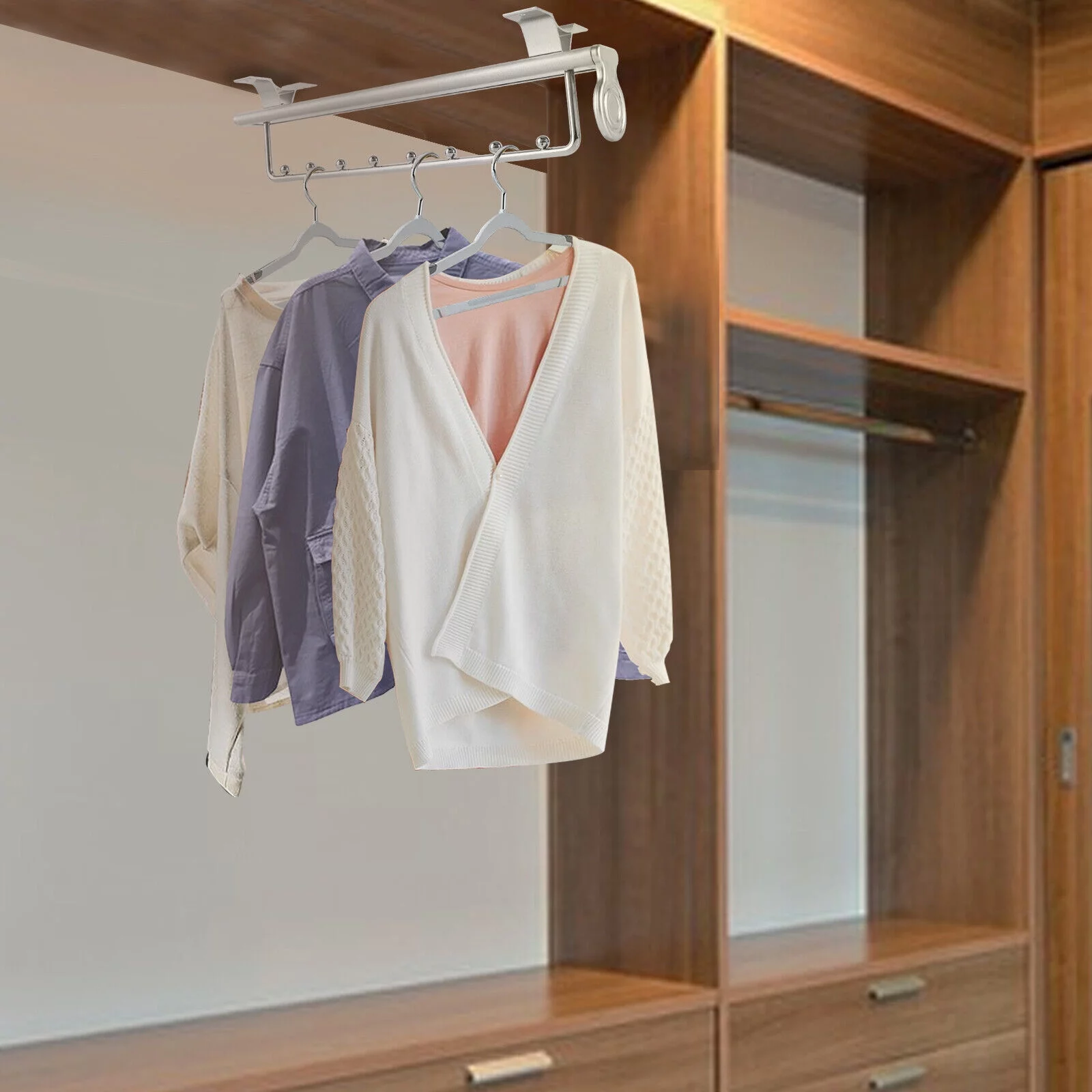 Stainless Steel Clothes Rail, Rail Top Hanger Rack, Retractable Closet Pull Out Rod Hanger Wardrobe Storage Organizer 46x14x10cm