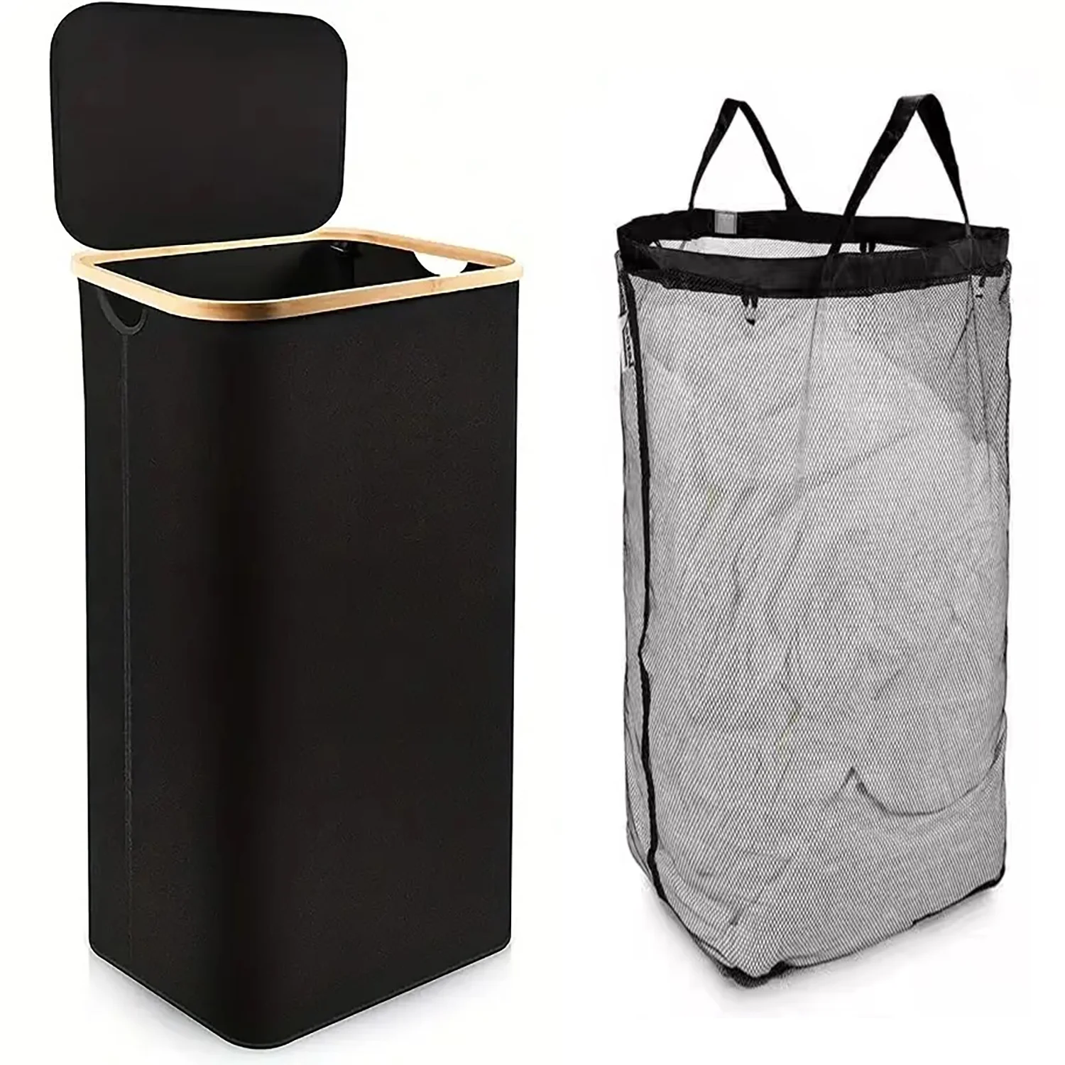 FOUKUS Large Laundry Basket with Lid, 100L Laundry Basket with Bamboo Handles for Clothes and Toys, Freestanding Collapsible Laundry Hamper with Inner Bag for Bedroom and Bathroom-Black