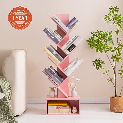 Yoobure Tree Bookshelf - 6 Shelf Retro Floor Standing Bookcase, Tall Wood Book Storage Rack for CDs/Movies/Books, Utility Book Organizer Shelves for Bedroom, Living Room, Home Office, Rustic Brown