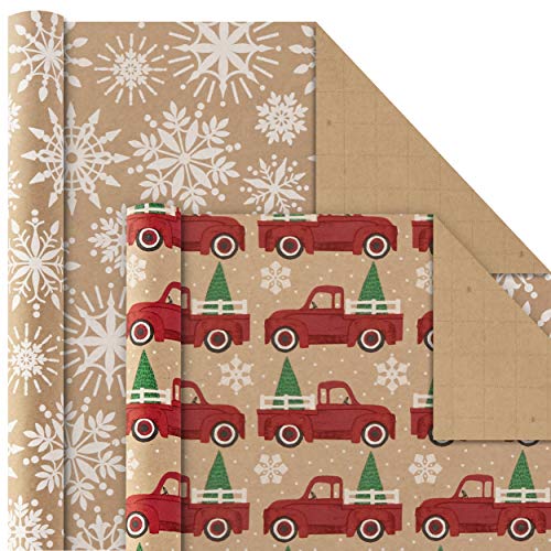 Hallmark Christmas Wrapping Paper Bundle with Cut Lines on Reverse, Kraft (Pack of 4, 88 sq. ft. ttl) Red Trucks, Snowflakes, Stripes, Merry Christmas (5JXW1038)