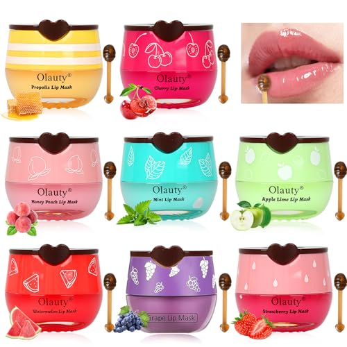 8 PCS Bee Lip Balm Honey Pot - Strawberry, Watermelon, Apple Lime, Cherry, Mint, Grapes & Peach Flavors Honey Lip Balm Bulk - Sleeping Mask Overnight for Hydrating & Preventing Dry, Cracked Lips