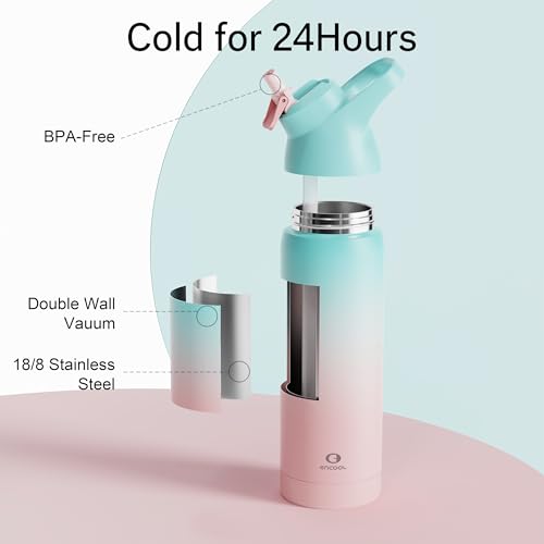 Insulated Water Bottle with Straw - Encool Stainless Steel Water Bottle, Reusable Leakproof and BPA-Free for Sports, Travel, Cold for 24 Hours, 24 oz, Black Night