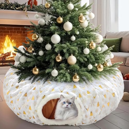Cat Tunnel Christmas Tree Skirt, Cat Tunnel Bed with Hanging Toy Ball, Foldable Plush Cats Cave Donut Tunnel Christmas Decorations, Kitty Tunnel for Indoor Kitten Rabbit Puppy, White Gilded