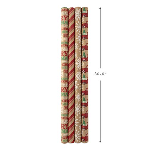 Hallmark Christmas Wrapping Paper Bundle with Cut Lines on Reverse, Kraft (Pack of 4, 88 sq. ft. ttl) Red Trucks, Snowflakes, Stripes, Merry Christmas (5JXW1038)