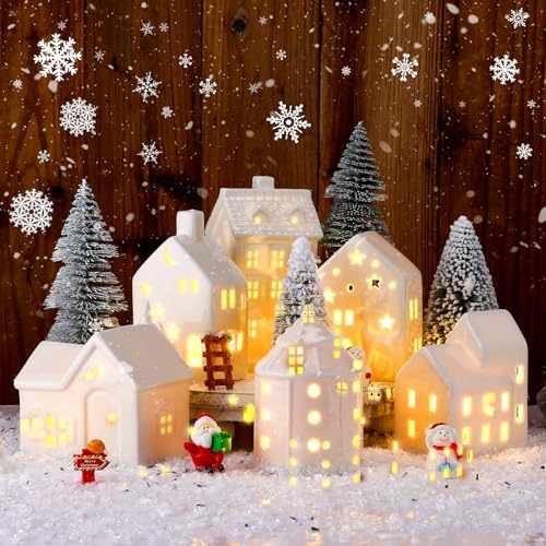 Vinsot 16 Pcs LED Ceramic Christmas Village Set 6 Light up Christmas Village Houses 6 Snowman Santa Figurines, 4 Snow Trimmed Trees with Lamp Post Scenes Porcelain Figurine Tabletop Decor (Classic)