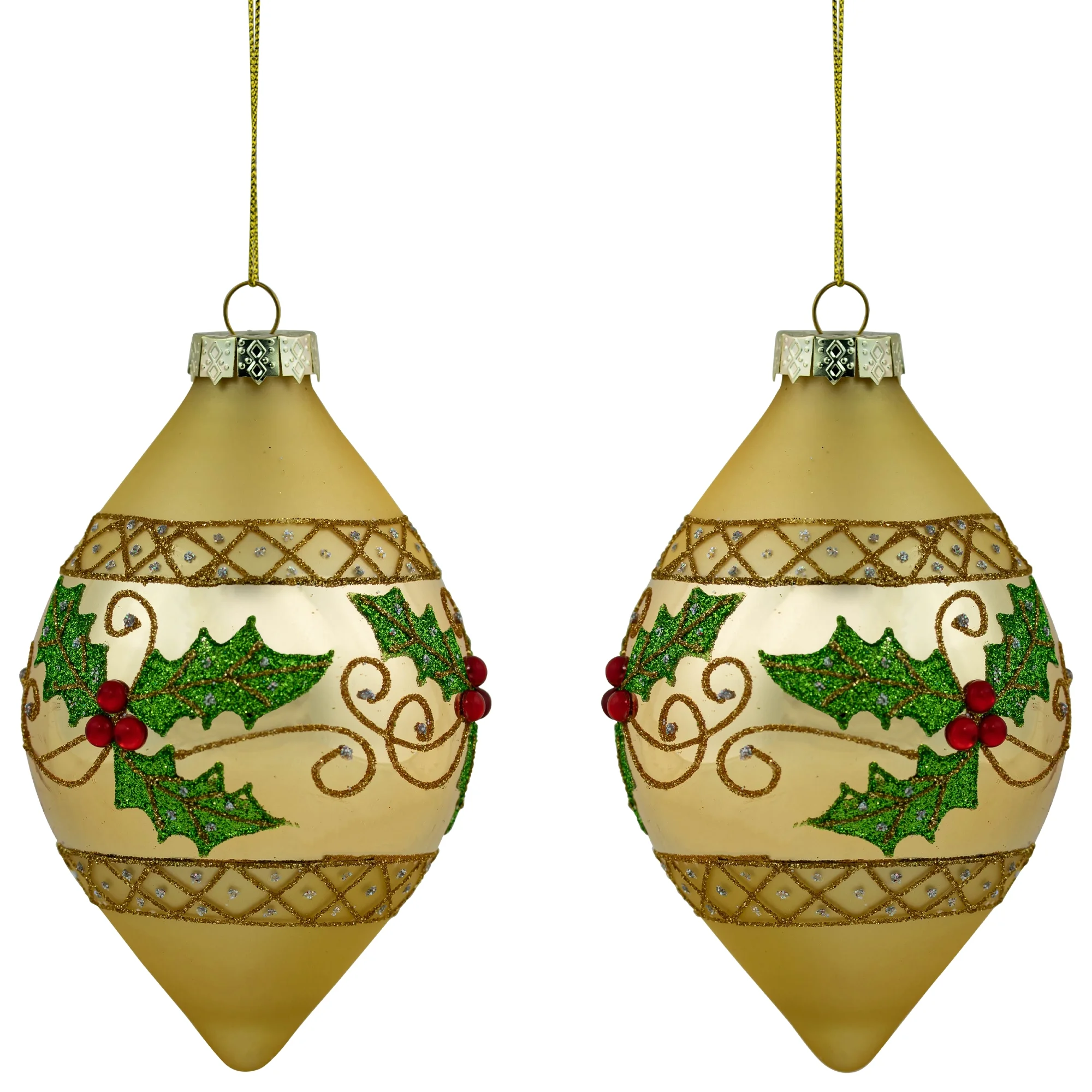Set of 2 Golden Glitter Holly Finial Christmas Glass Ornaments 5