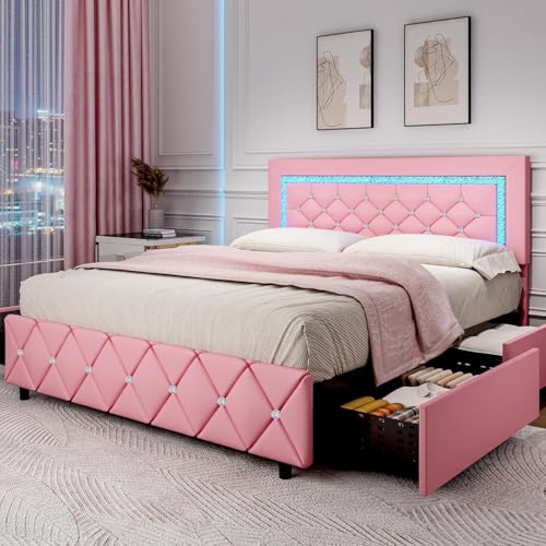 Queen Size Bed Frame with LED Lights, Upholstered Platform Bed with Storage Drawers, Princess Bed with Diamond Headboard and Footboard, No Box Spring Needed, Easy Assembly, Pink