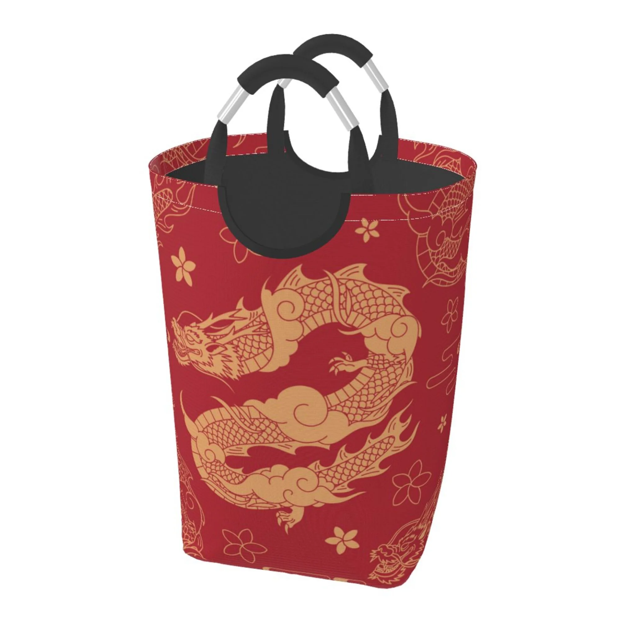 TEQUAN 50L Large Rectangular Laundry Hamper with Aluminum Handles, Red Chinese Dragon Prints Waterproof Foldable Dirty Clothes Basket