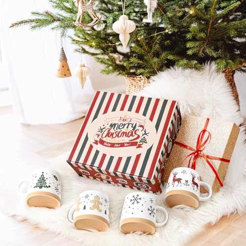 Maustic Christmas Mugs Set of 4, Holiday Coffee Mugs with Festive Christmas Themed Design, Hot Chocolate Hot Cocoa Cups, Family Gifts, 14 Oz