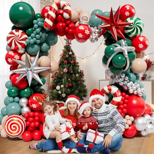DBKL Christmas Balloon Garland Arch Kit with 160Pcs Red Green Silver and Peach Nude Balloon, Cane Candy Foil Balloons, Silver Starburst Balloons for Christmas Party Decorations