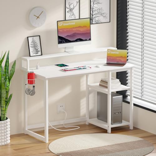 GreenForest 40 inch Computer Desk with Power Outlets, Small Home Office Desk with Ergonomic Monitor Stand, Reversible Gaming Desk, Modern Study Desk, Laptop Desk, Walnut