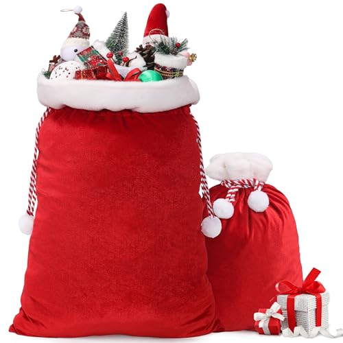 Wonshia 2Pcs Velvet Santa Sack - Large Red Velvet Gift Bags with Drawstring for Christmas Party & Xmas Present