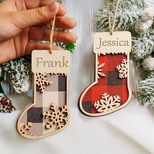 Custom Wooden Family Christmas Tree Ornament Keepsake, Personalized Pattern Wooden Stocking Ornament, Family, Holiday Home Décor