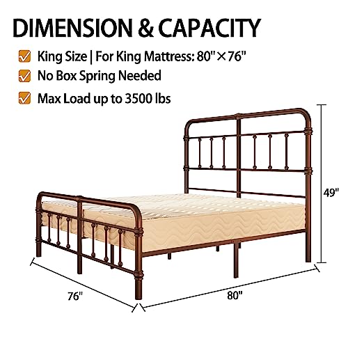 King-Size-Bed-Frame and headboard Giselle-Vintage Antique-Metal - Iron Platform Mattress Foundation,49 inch High,No Box Spring Needed(Black)