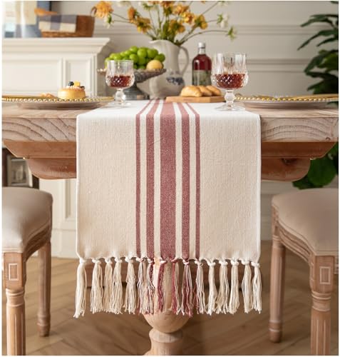 Christmas Table Runner 13 x 72 Inch for Dining Table, Boho décor Coffee Table Runner with Handcrafted Tassels, red and Beige Stripe Table Runner for Holiday, Winter