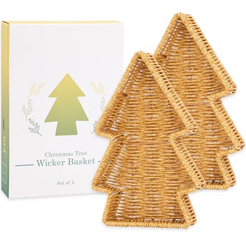 myHomeBody Christmas Tree Wicker Basket, Decorative Snack Tray, Appetizer Serving Tray and Platters, Set of 2