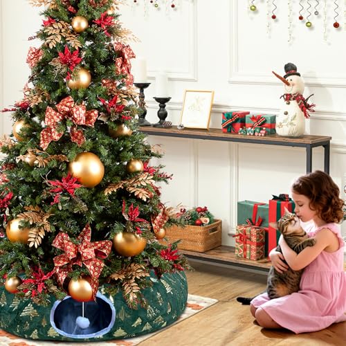 LUCKITTY Christmas Snowflake Print Cat Tunnel Under Tree, Velvet-Touch Jacquard Fabric with Hanging Plush Ball, 10-Inch Diameter 3-Ft Wide Round Pet Tube - Plush & Festive Cat Diversion Red