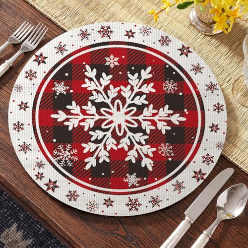 Artoid Mode Snowflakes Vinyl Christmas Placemats Set of 4, 12x18 Inch Wipeable Non-Slip PVC Place Mats for Party Kitchen Dining Decor