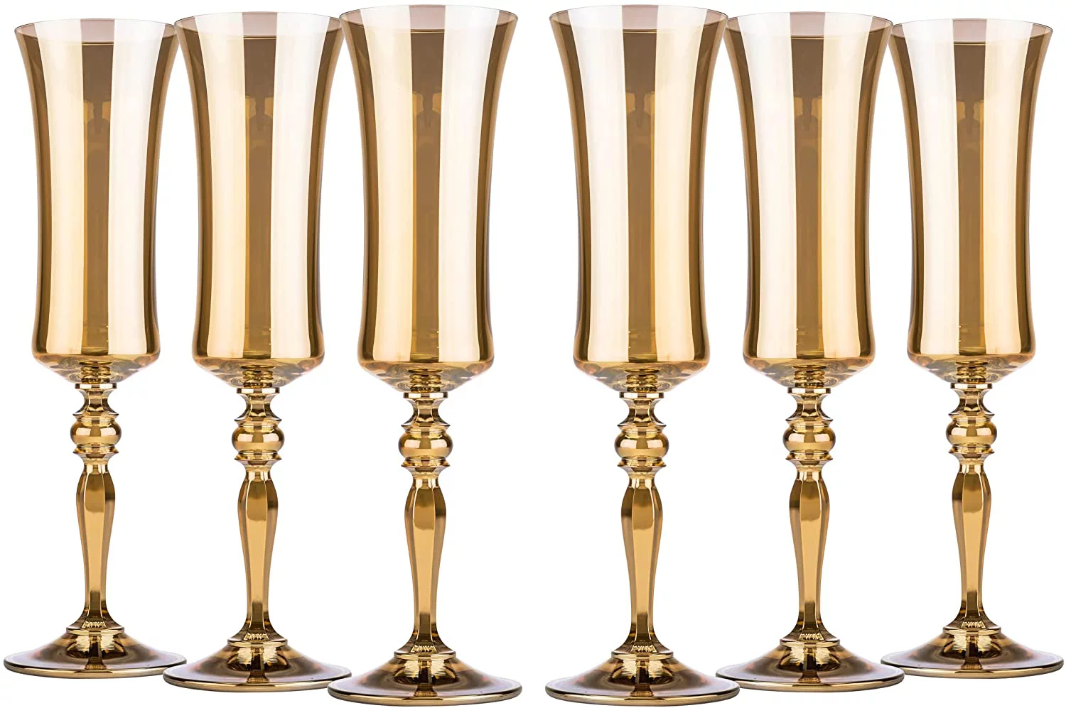 Glasstar 6 Oz Honey Lead-Free Crystal Golden Champagne Flutes, Wedding Gift, Gift for Anniversary, Set of 6