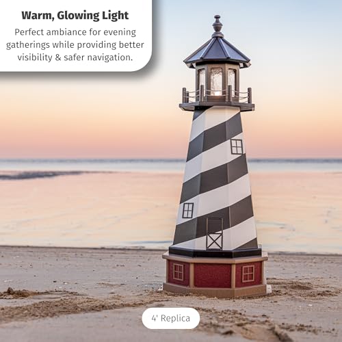 Cape Hatteras, NC Solar Lighthouse with LED Dusk to Dawn Lights, Outdoor Statues for Garden, Solar Lights Outdoor Waterproof Patio Decor - Amish USA (Replica, 4' with Base)