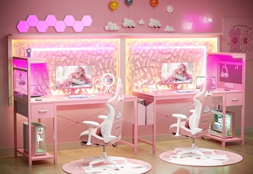 TIQLAB Gaming Desk 47 inch with Power Outlet and LED Light, Computer Desk with Reversible Shelves and Storage Drawer, Small PC Desk for Home Office Table with Bag, Carbon Fiber Black